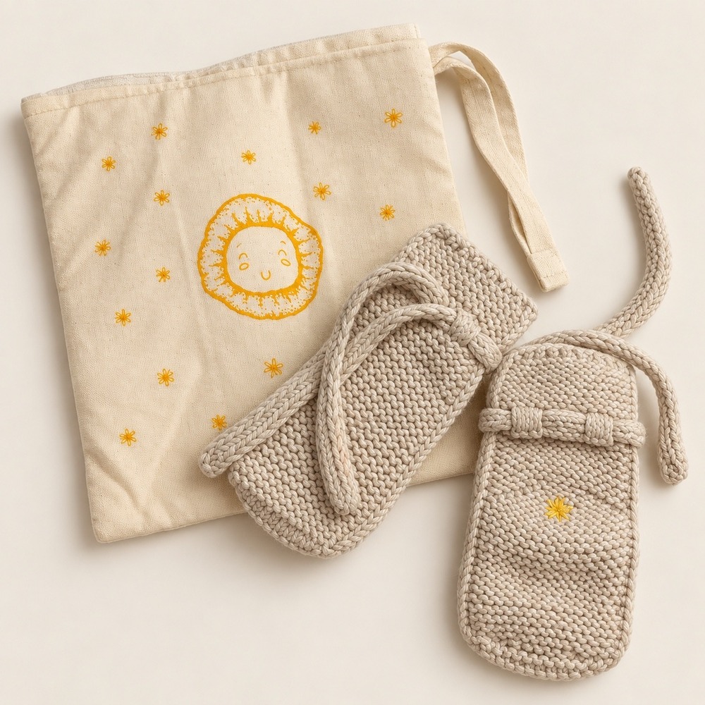 BabiSabi Hand-Knit Baby Booties and Sun Keepsake Pouch Set Neutral Artisan